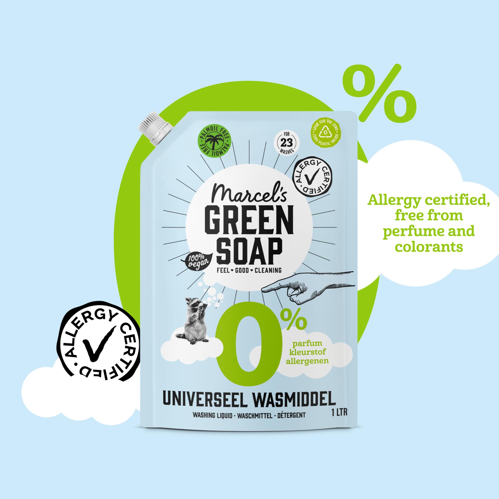 Marcel's Green Soap Recharge de liquide de lavage 0 % - Certifié hypoallergénique - Détergent à lessive - Sans microplastique et huile de palme - Végétalien - 95 % biodégradable - 4 L, 1 L (lot de 4)