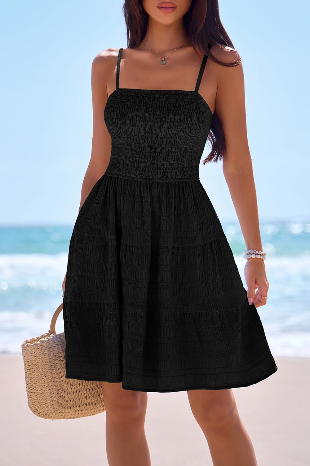 CFLONGE Womens Sleeveless Smocked Mini Dress Flowy Cute Summer Dresses Boho Spaghetti Strap Tiered A Line Casual Sundress - Image 2