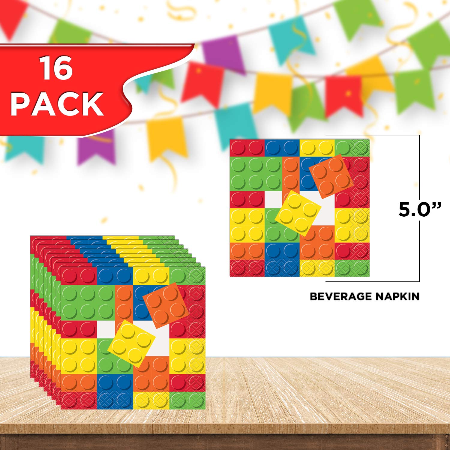 Lot de 16 serviettes de table pour fête d'anniversaire Motif blocs de construction