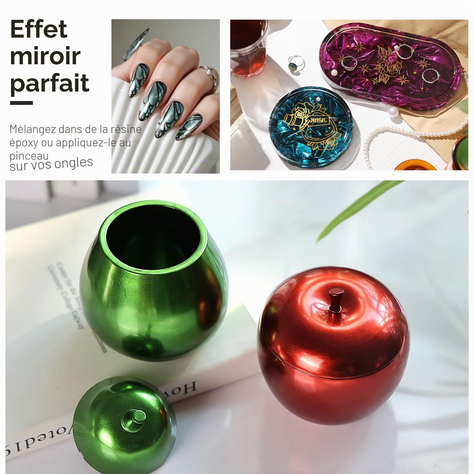 LET'S RESIN Poudre chromée, 10 couleurs métallisées effet miroir, poudre chromée pour ongles, pigment holographique pour résine époxy, slime, artisanat, peinture à l'huile