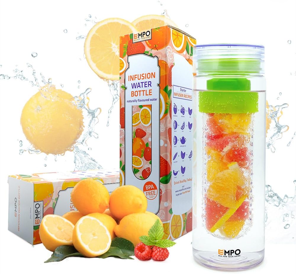 EMPO Fruit Infuser Water Bottle, [750ml/27oz] BPA Free Plastic Free eBook, Durable and Light Weight - Twisting Lid Safe Locking Prevents Spills&Leaks - Green