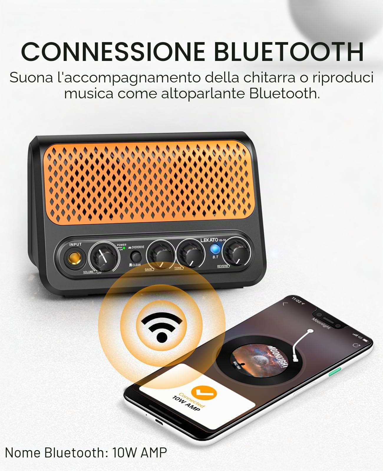 Mini Amplificatore per Chitarra,LEKATO 10W Amplificatore per Chitarra Elettrica Portatile con Canale Clean & Overdrive, Riverbero, e Connettività Bluetooth