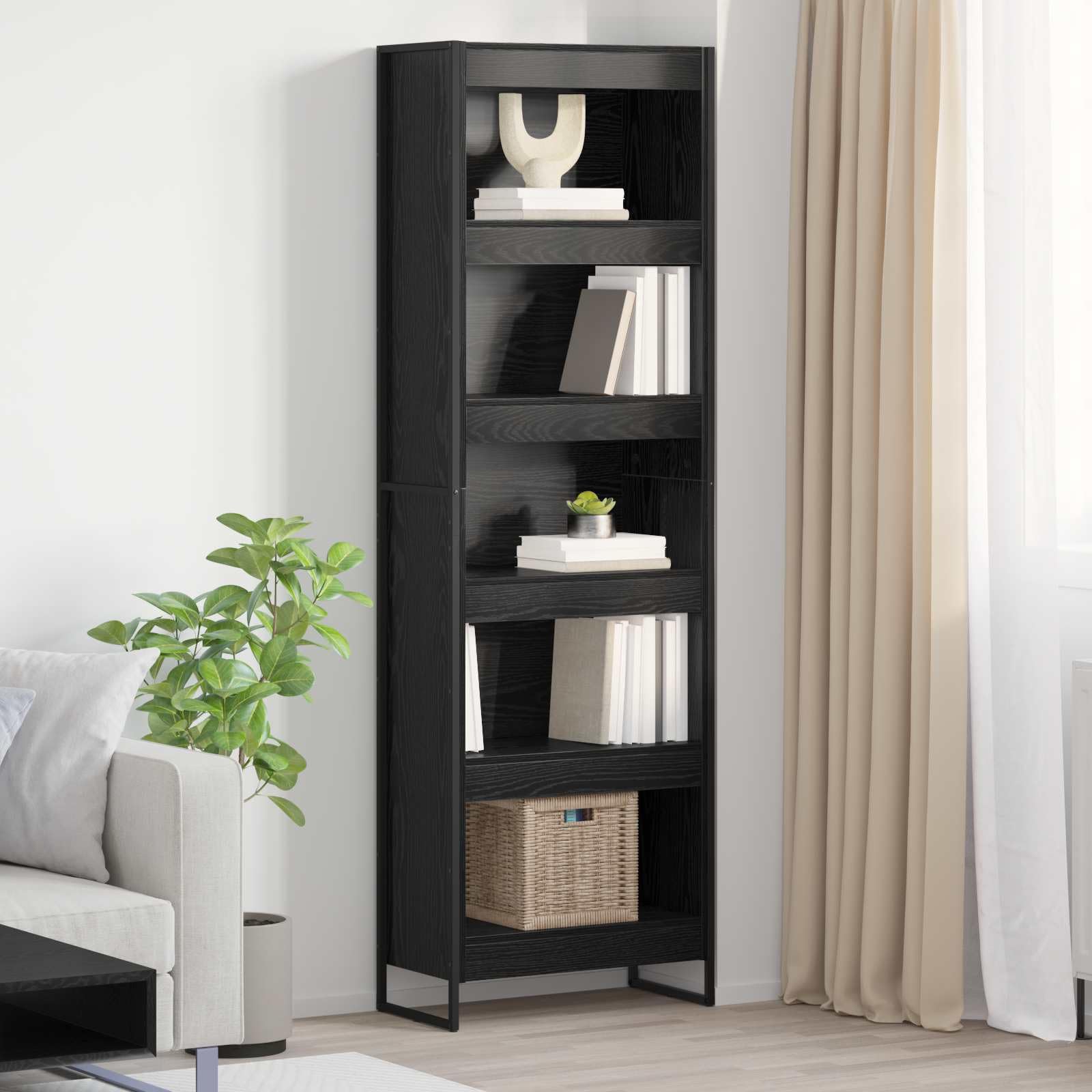 Bookcase Living Room 60 x 30 x 189.5 cm Black Oak Engineered Wood Book Cabinet with Steel Legs Modern Industrial Shelving Unit for Bedroom Office Corridor