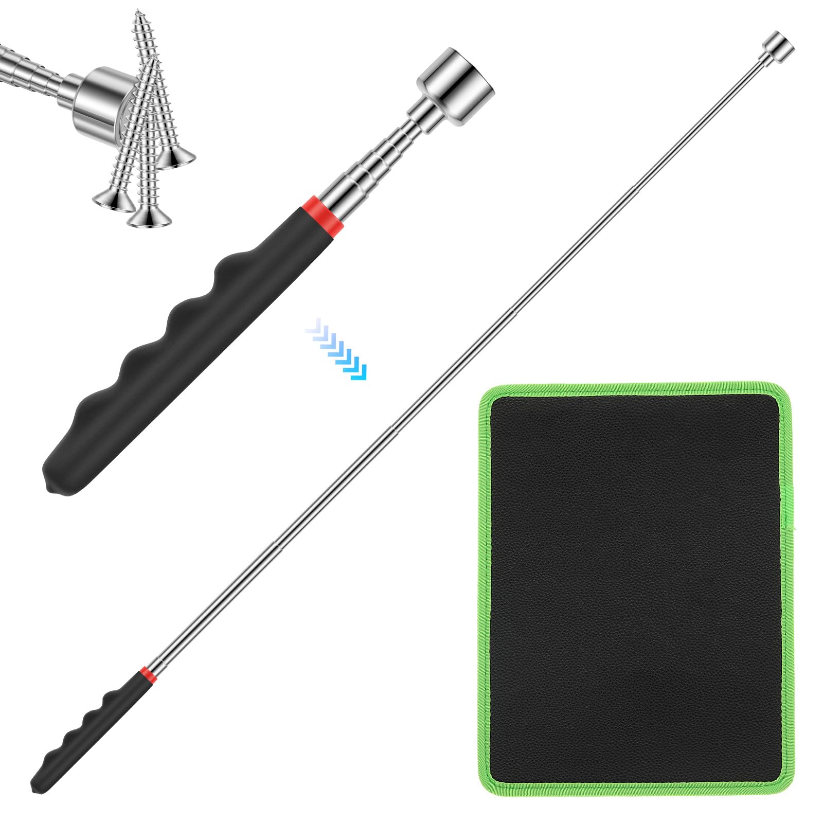 Lulobtg Black Magnetic Tool Mat Pad Set With Telescoping Pickup Tool,12.6" X 9.6" Heavy Duty Parts Organizer Tray, Non-Slip & Oil-Resistant Flexible Pad For Screws, Nuts, Garage, Workshop, Auto Repair Mechanics Diy