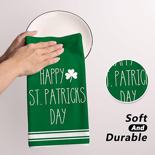 Miniatura 5 de Siilues Juego de 2 toallas de cocina del Día de San Patricio, 18 x 26 pulgadas, color verde, diseño de trébol de la suerte, decoración del hogar,