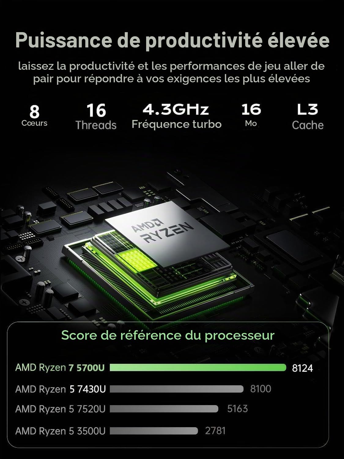 15.6" Ordinateur Portable Gamer ave Ryzen 7 5700U (jusqu'à 4.3GHz)