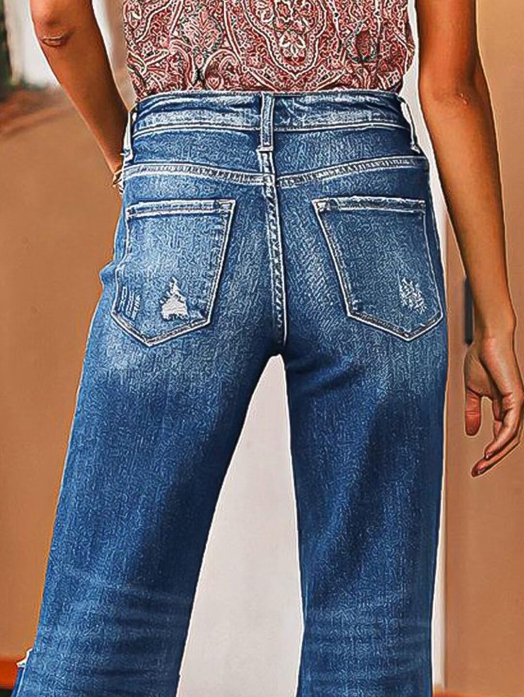 Flamingals Straight Leg Jeans for Women High Rise Casual Wash Cut Out Raw Hem Button Fly Denim Jeans - Image 3