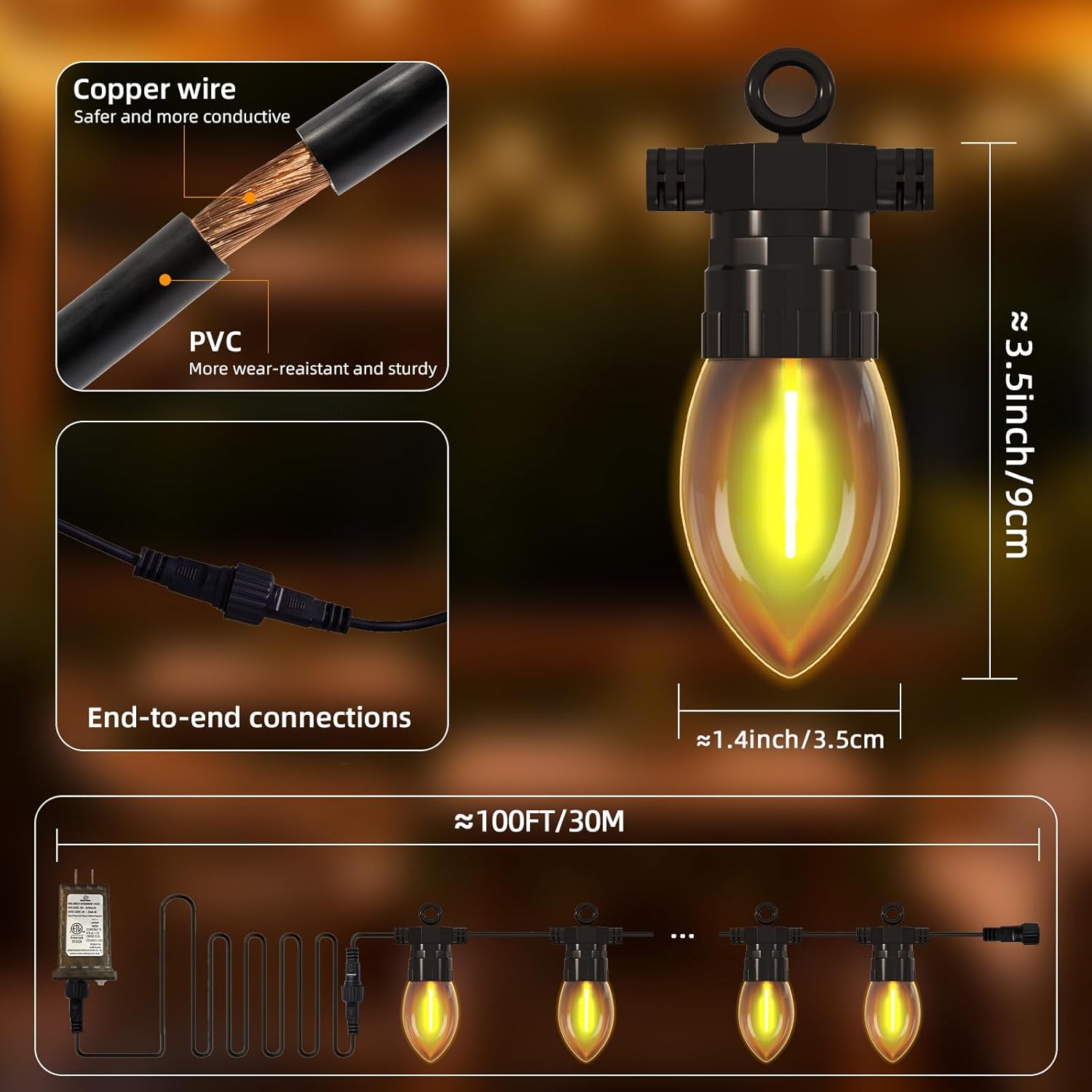 100FT Outdoor String Lights with Remote, 42 Dimmable Shatterproof LED Bulbs, Waterproof Patio & Backyard Lights for Pergola, Deck, Garden, Bistro, Commercial Grade Hanging Lights