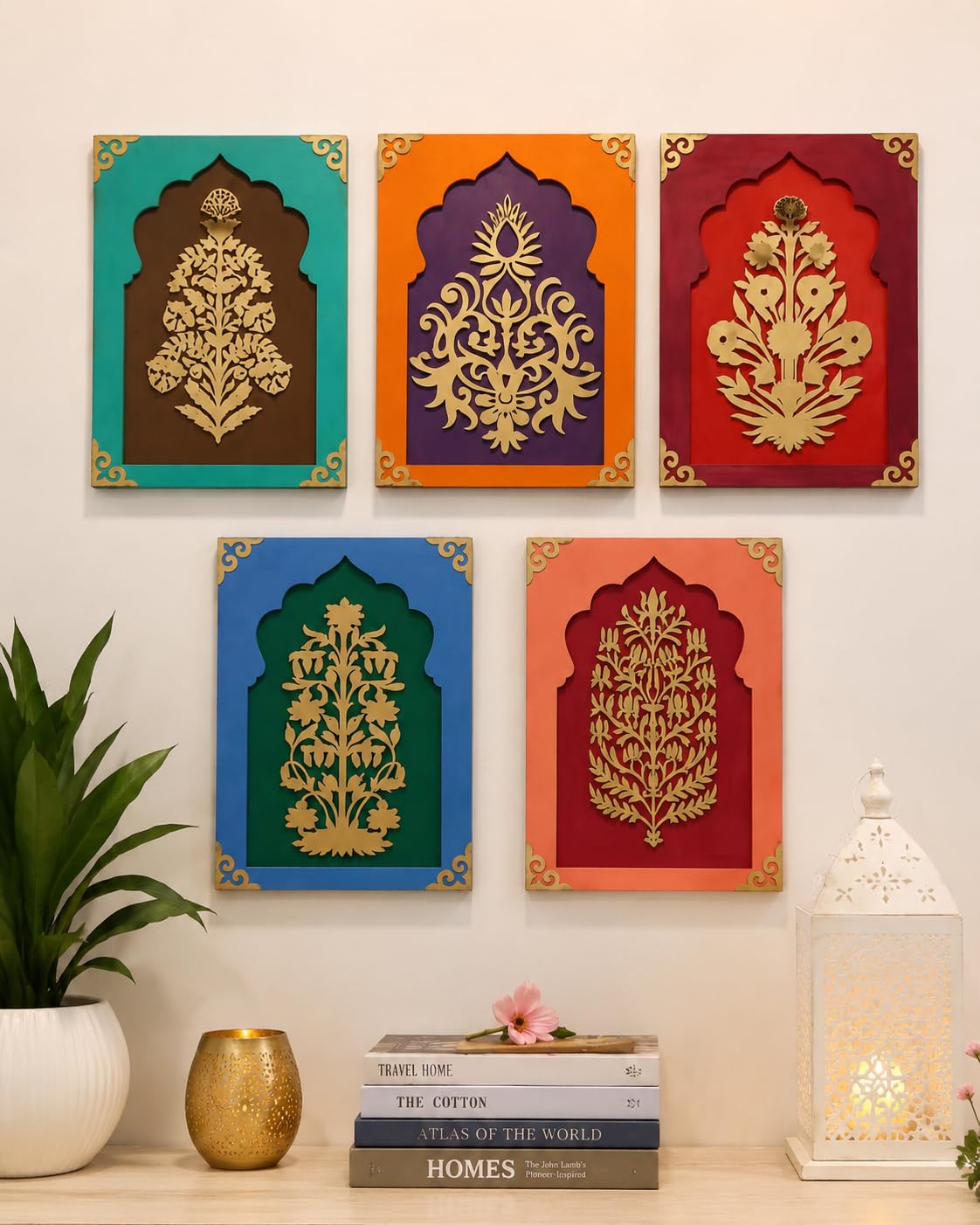AxuraVist Mughal Arch Floral Wall Art Panels, MDF with Acrylic Mirror Finish, Vibrant Multicolour, Set of 5-image-21