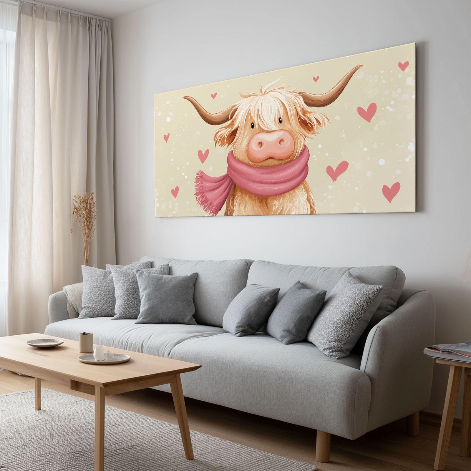 Generisch Niedlich Tiere Hochlandrind Herz Modernes Leinwandbild 140L x 70B cm mit Rahmen, Cartoon Stil XXL Wanddeko für Wohnzimmer Geschenk Idee Einzug - Hochwertiger Kunstdruck auf Holzrahmen