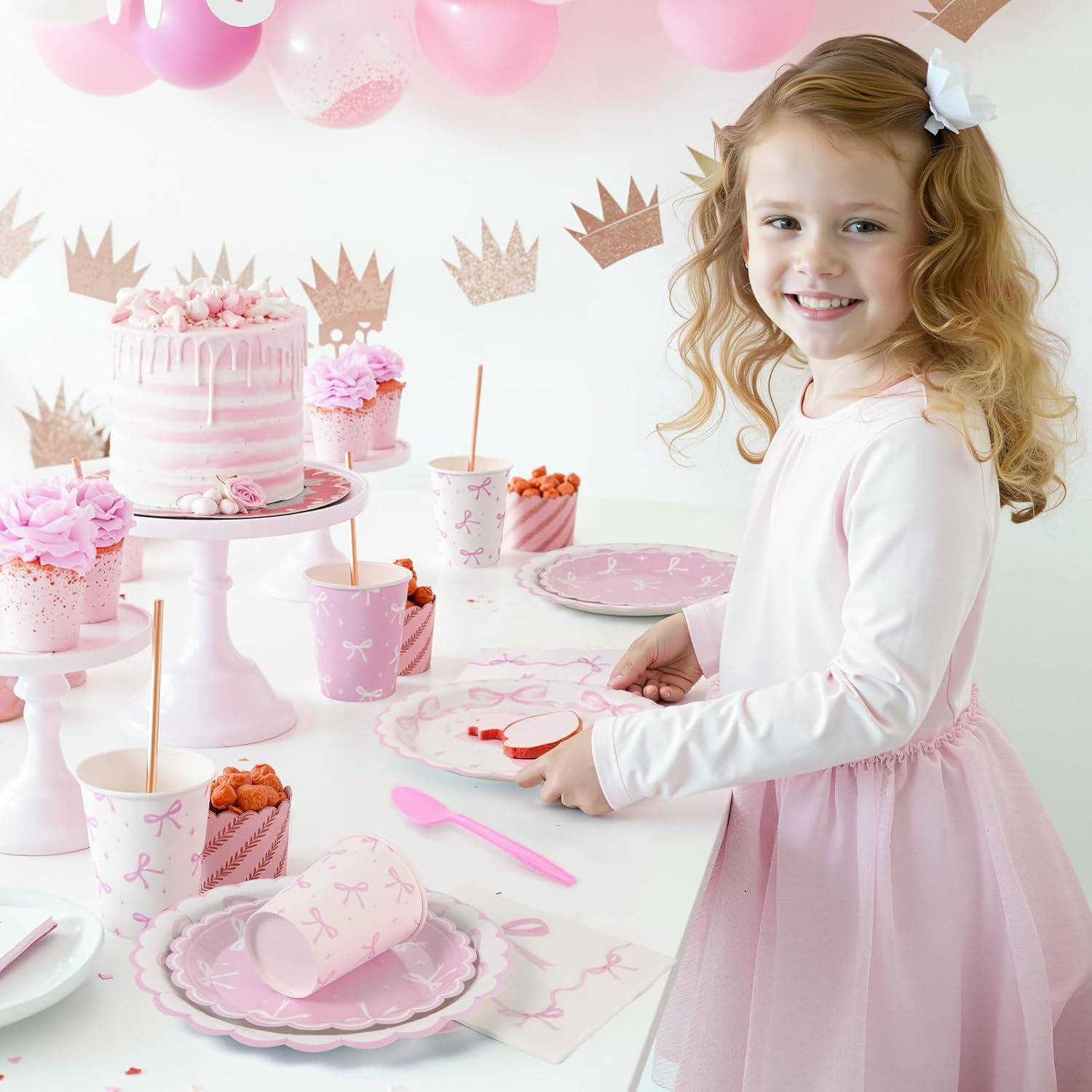 Pink Bow Plates Party Supplies - 168Pcs Pink Bow Birthday Party Decorations Bow Paper Plates and Napkins Cups Knives Forks Spoons Serve for 24