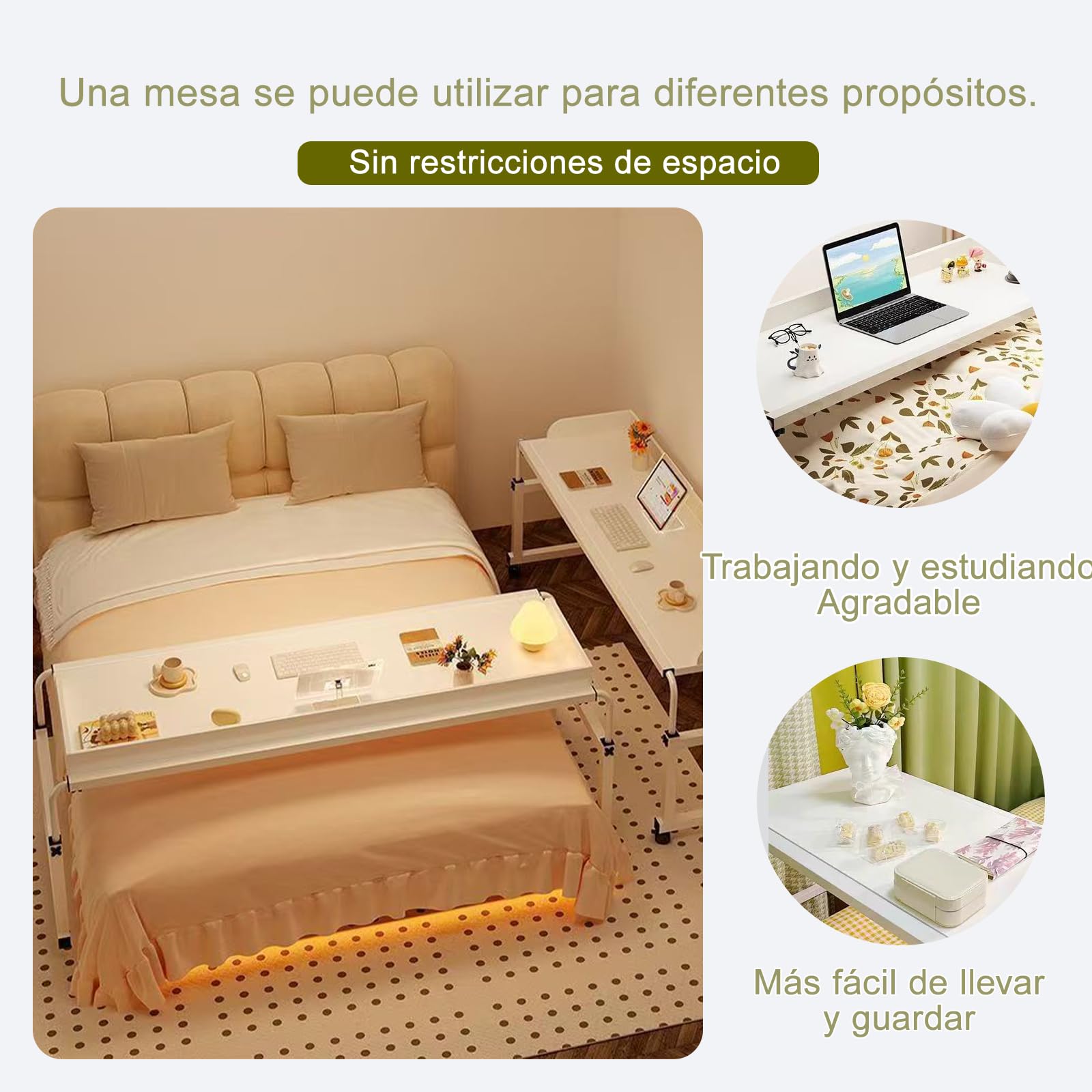Genérico Mesa De Cama Móvil, Mesa Sobre Cama Con Ruedas, Marco De Acero Engrosado, Ajustable Hacia Arriba Y Hacia Abajo, Con Esquinas Redondeadas Para Evitar Golpes.120*45*65cm(Color: blanco)