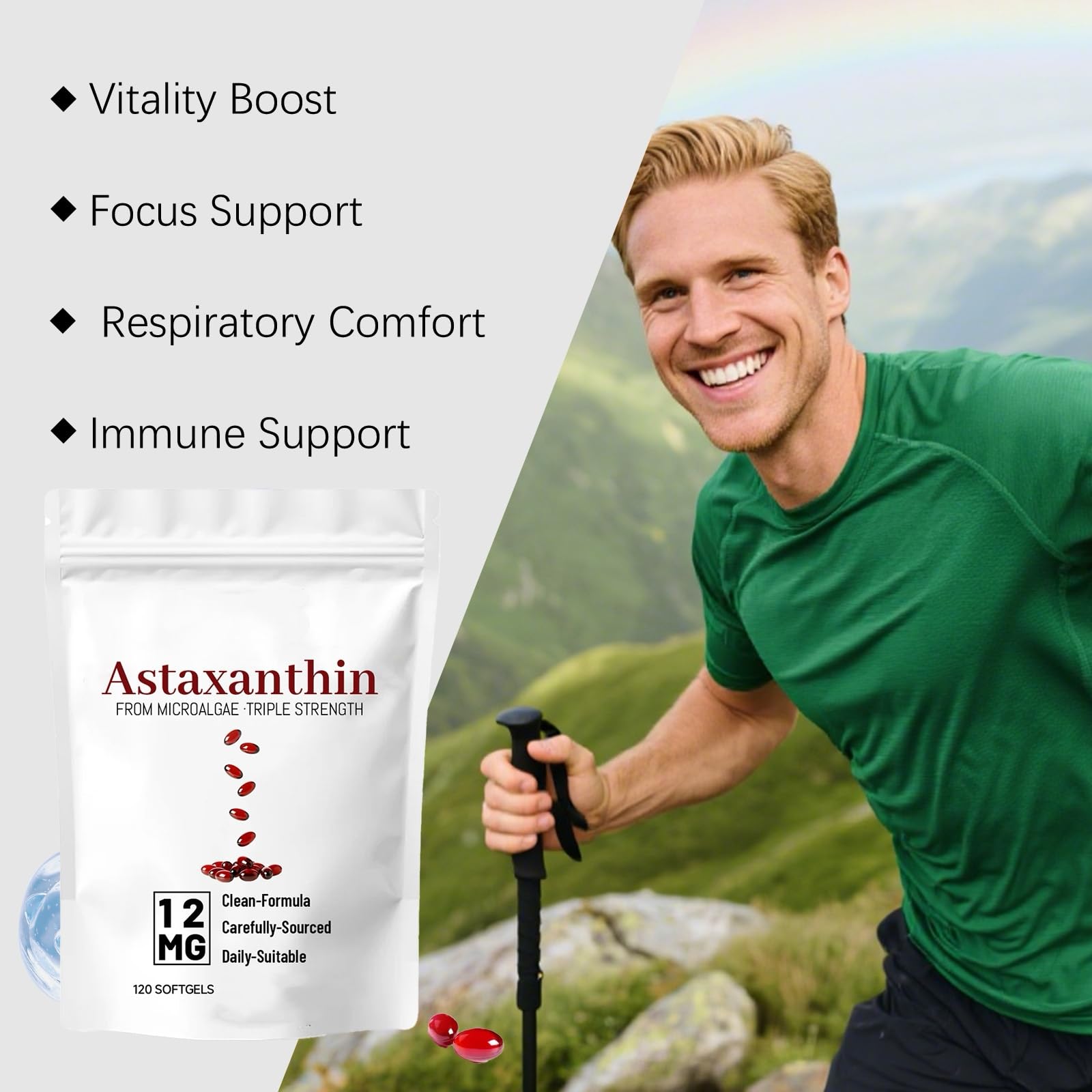 Astaxanthine | Source de microalgues fraîches | Vitalité, concentration et soutien immunitaire | formule triple force | 120 pièces par sac pour un approvisionnement de 4 mois,1pcs