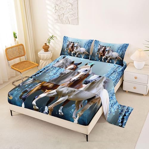 Feelyou Boys Horse Bed Sheets Cherry Blossom Branches Steed Kids Dreamy Blue She