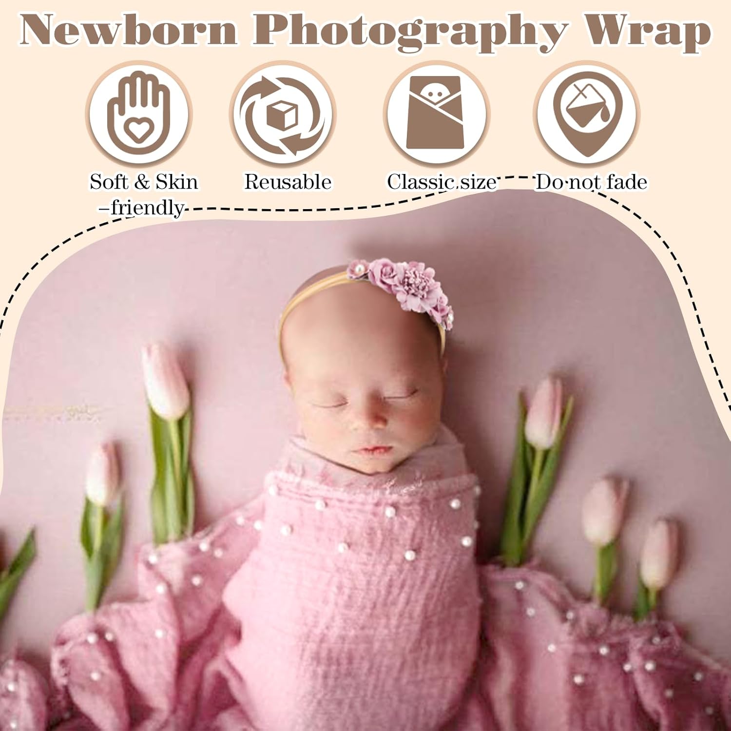 Buryeah 7 Pcs Baby Photoshoot Props Wrap Kit Includes 3 Pcs 66.9 x 35.4'' Newborn Photography Props 4 Pcs Baby Flower Headband Photo Supplies for Boy Girl Infant Toddler - Image 4