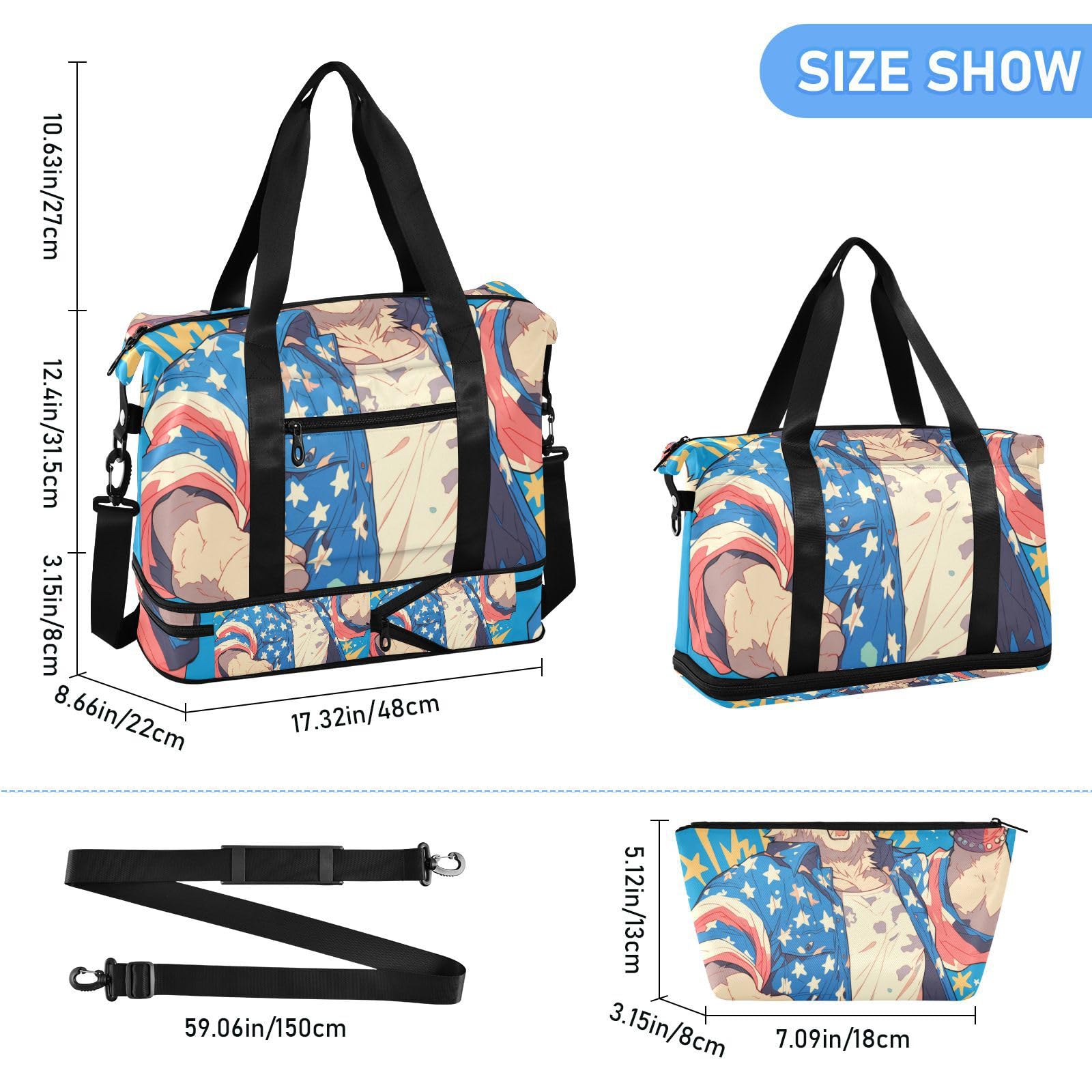 Reisetasche mit niedlichem Cartoon-Bär, patriotische Farbe, Reisetasche, mit Nassfach, verstellbarer Riemen, für Fitnessstudio, Handgepäck, für Reisen, faltbar, für Männer und Frauen