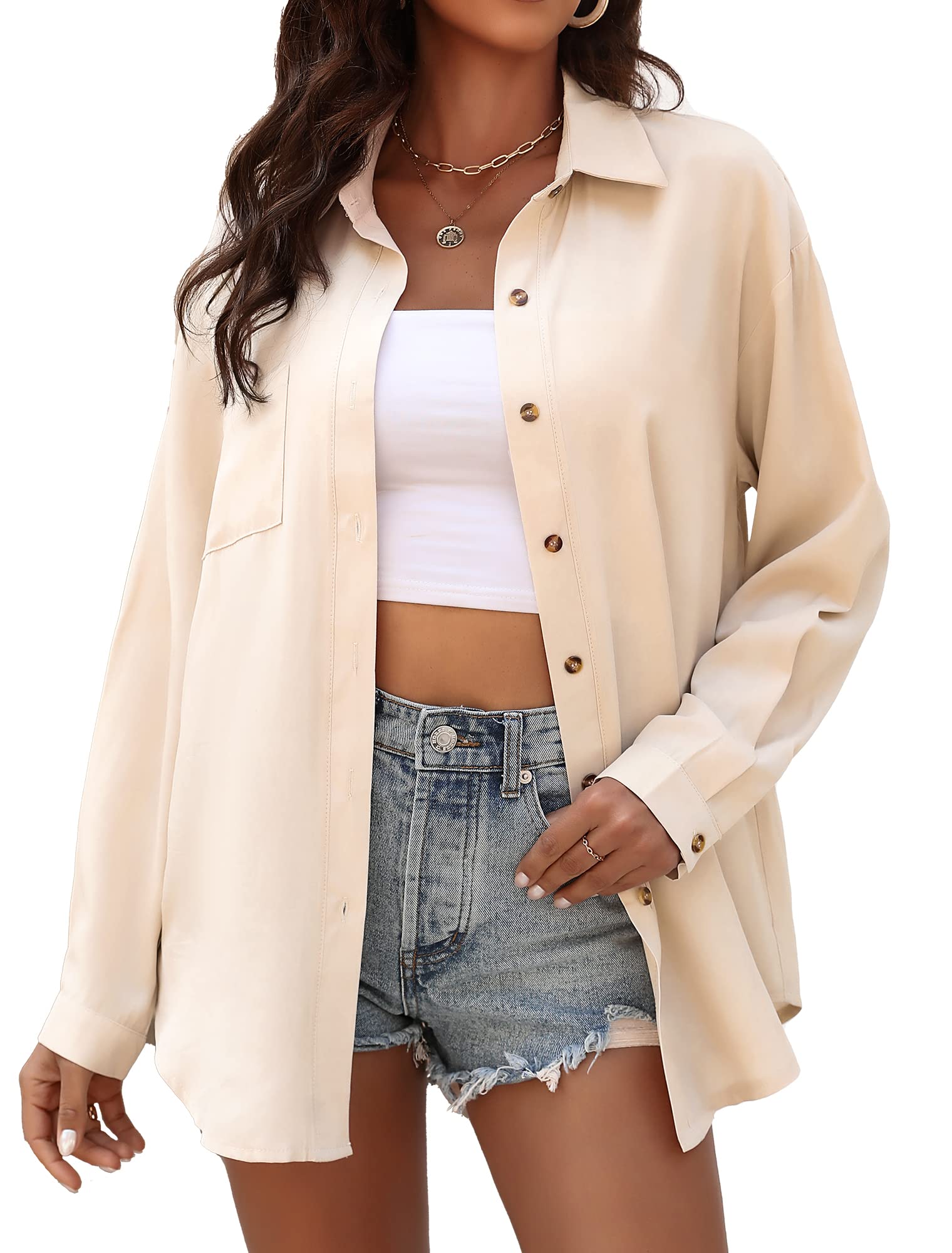 KYLELOVE Womens Button Down Collared Shirts Long Sleeve Blouses Oversized Causal Tops with Pocket