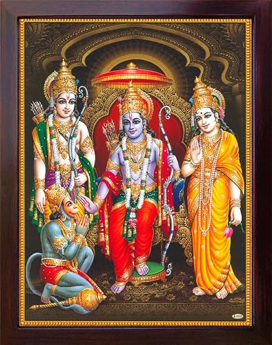 SANVIKA Hanuman Showing His Humbleness in Ram Darbar and Mata Sita Giving Blessings. A Holy Religious Poster Painting with Frame for Hindu Worship Purpose (COL15)