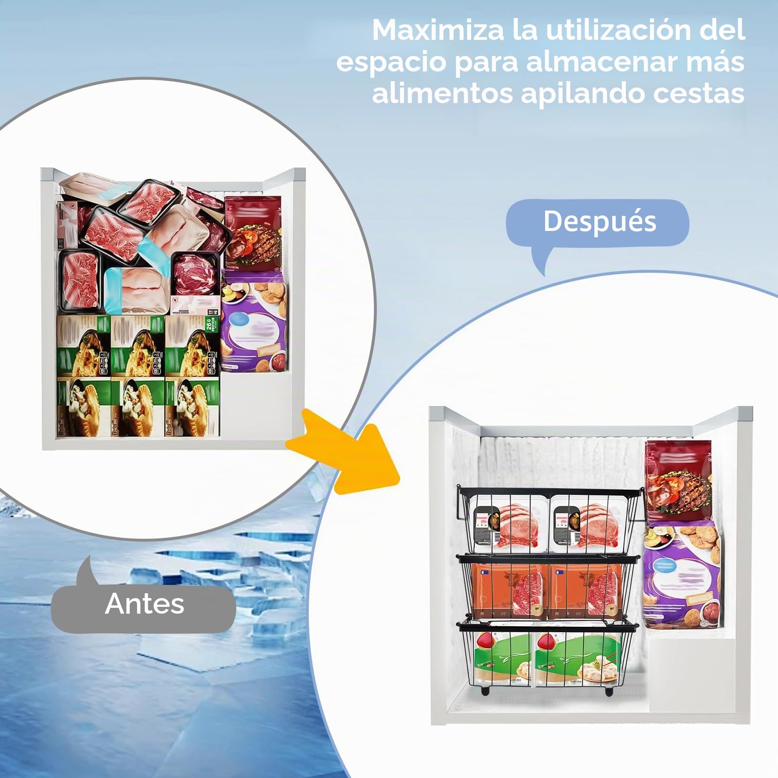 mumisuto Cesta para Congelador, 3 Cestas Apilables Organizadores Arcon Congelador con Asas, Cestas de Almacenamiento para el Hogar, para Congeladores de 5 a 7 Pies Cúbicos