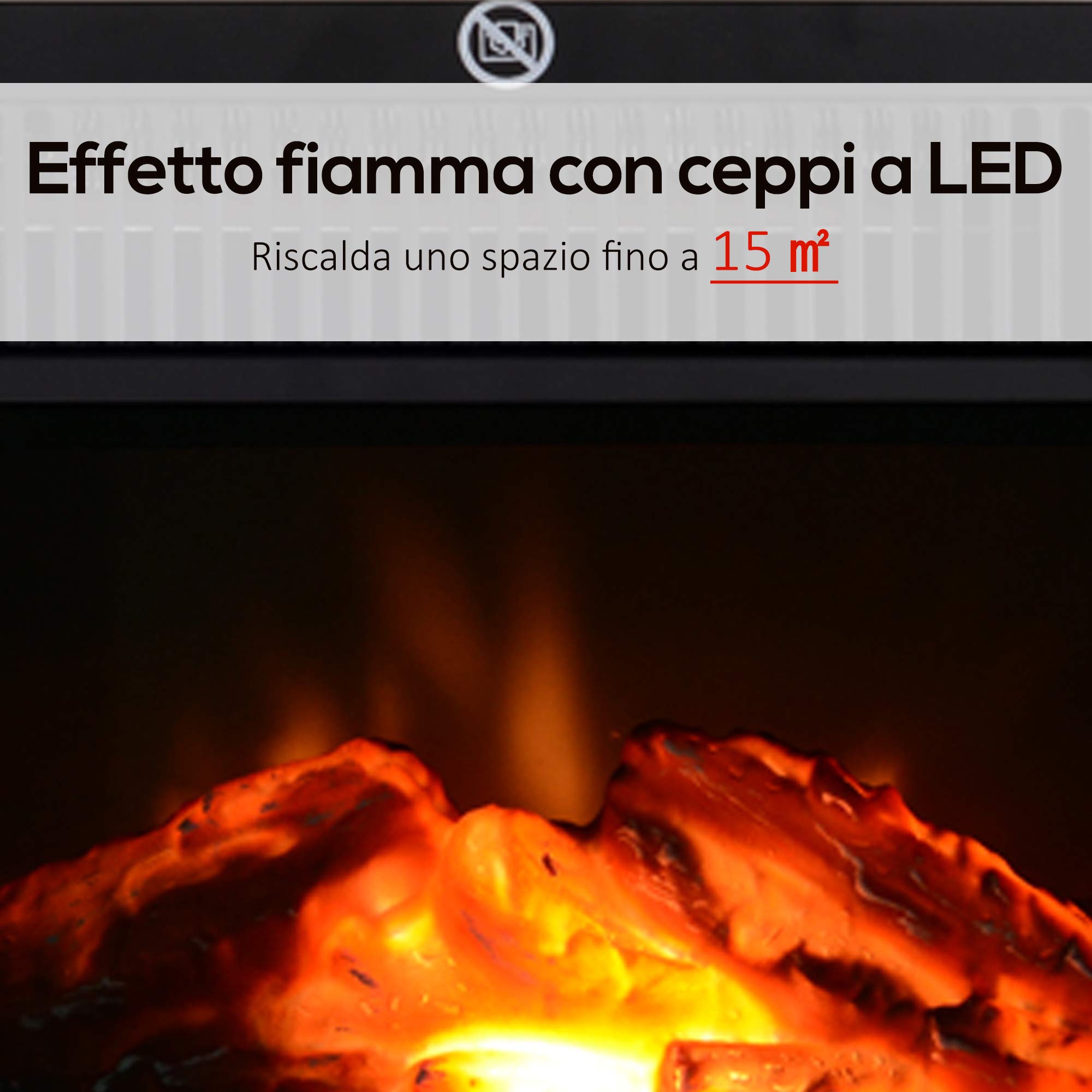 HOMCOM Camino Elettrico da Tavolo con Effetto Fiamma, Caminetto Elettrico da Terra con Potenza Regolabile 600/1200W, Temperatura Regolabile, Copertura 10-15m², Nero