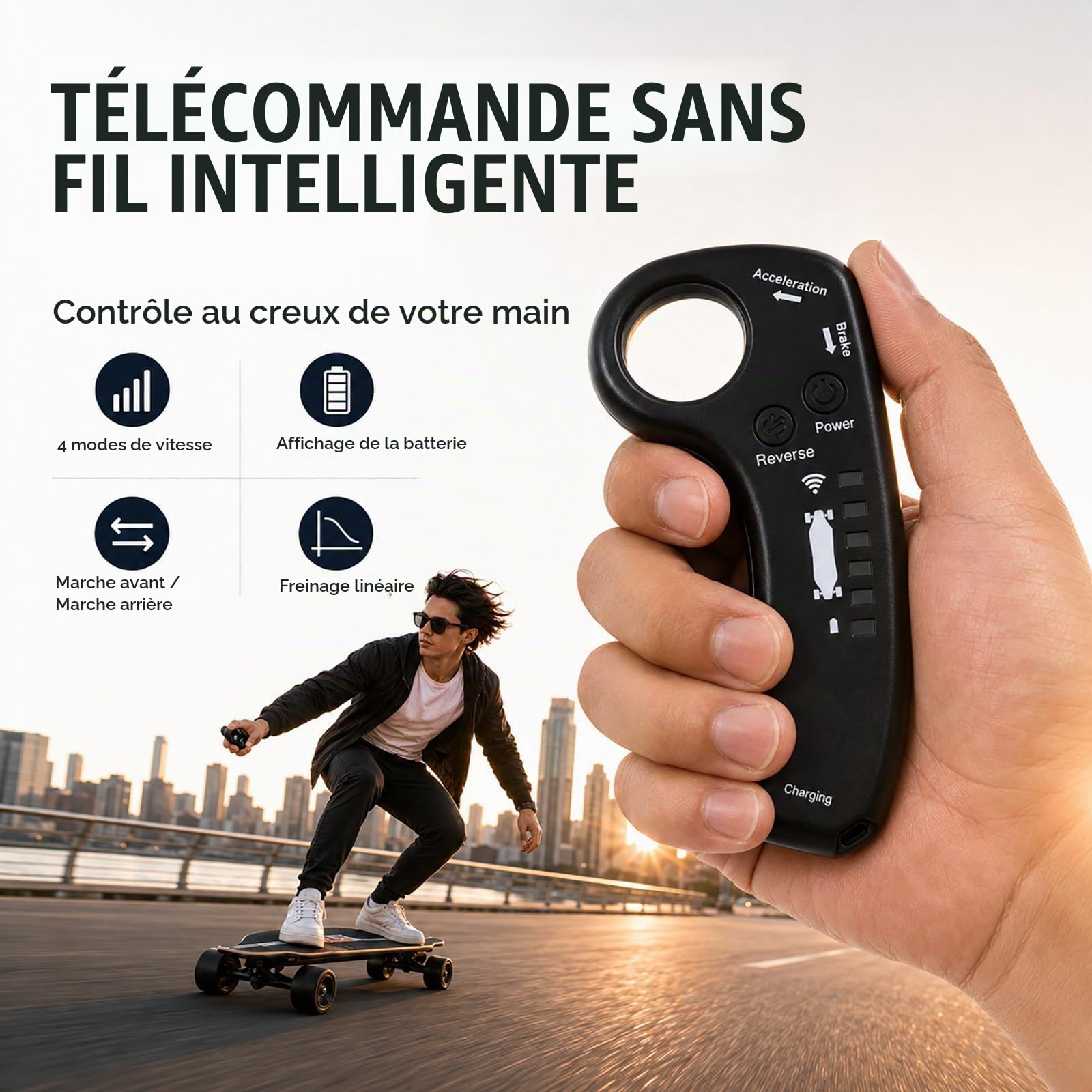 Skateboard Électrique Adulte, Longboard Électrique avec Télécommande sans Fil, Jusqu’à 50 km/h, 30 km d’Autonomie, 4 Modes de Vitesse Singlemotor9Mile