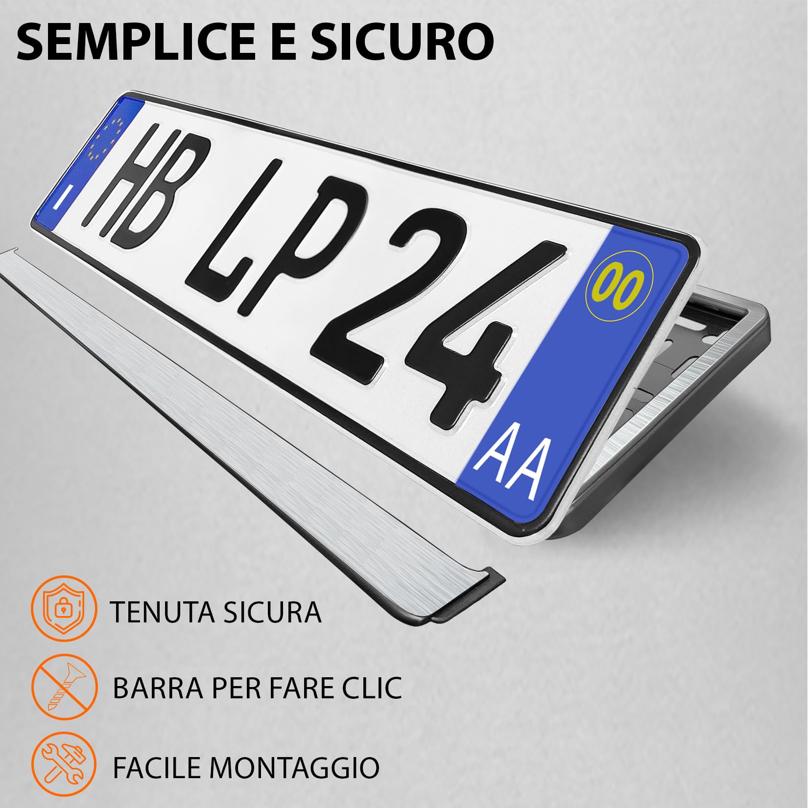 L&P Portatarga Auto - 2 pezzi - [semplice, durevole e sicuro] - 8 viti - 520x110 mm Alluminio spazzolato - Porta Targa - adatto a qualsiasi auto - per targhe italiane omologate - Fissaggio Targa