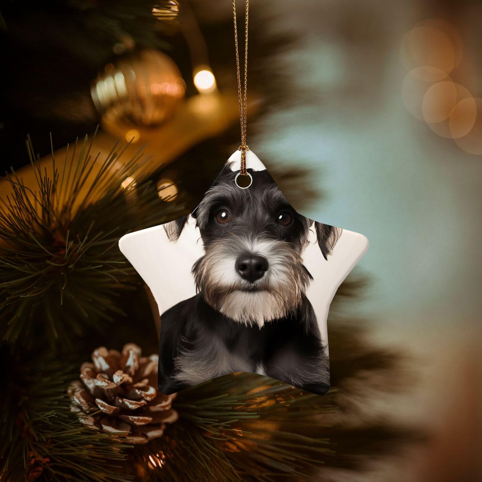 Christmas Ornaments for Christmas Tree Decoration Hanging Cute Schnauzer Ornament with Gold Ribbon Crafts Star Shape Ceramic Pendant for Keepsake Gifts Xmas Decor Party Supplies