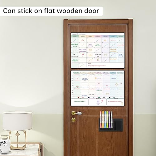 Miniatura 5 de MCCORL Calendario semanal de borrado en seco y calendario mensual autoadhesivo en nevera de acero inoxidable no magnético, vidrio, pared y madera