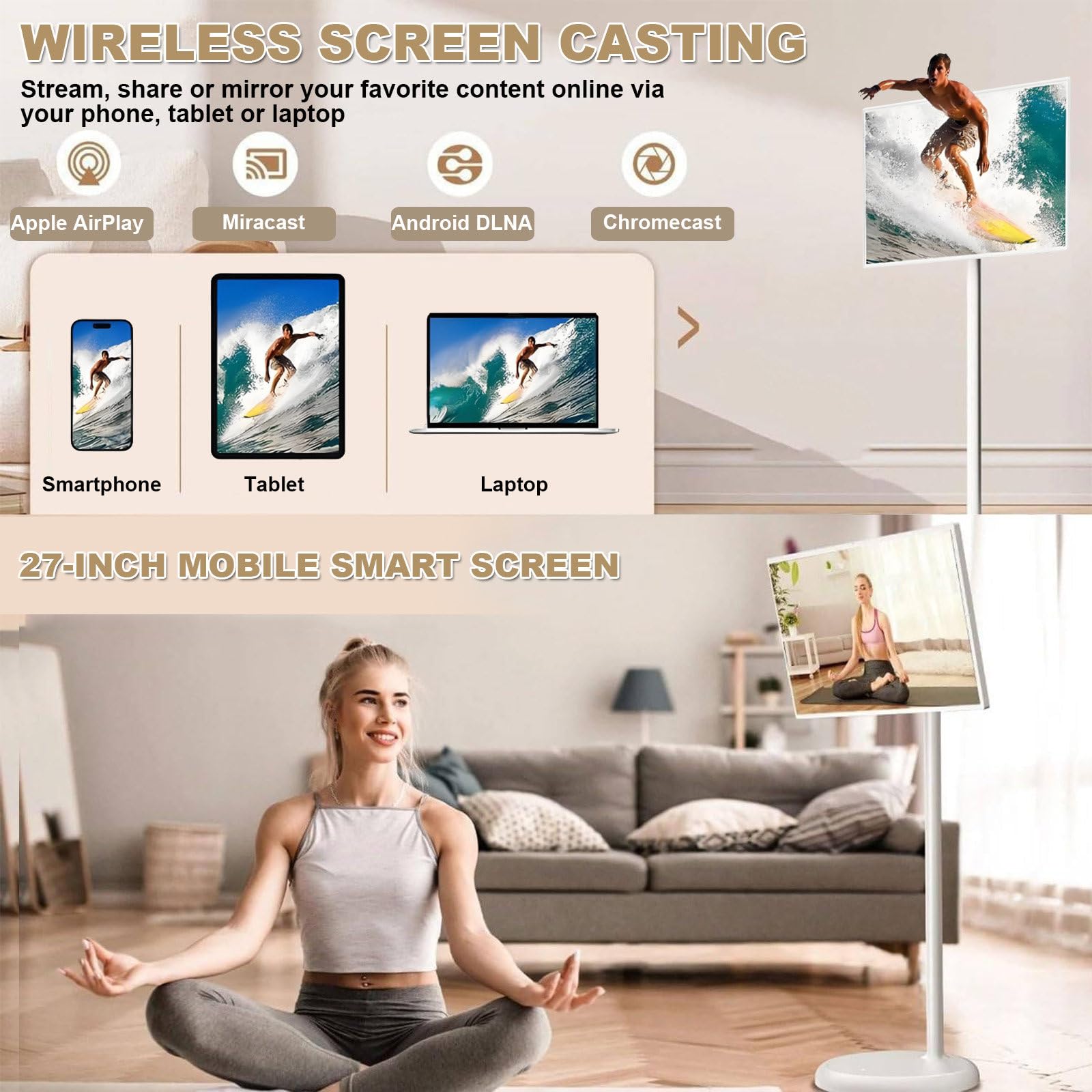 Draagbare Smart-Tv, 27-Inch Full Hd-Touchscreen,Draagbare Touchscreen-Monitor,Met Wielen En Afstandsbediening,7 Uur Batterijduur,Draadloos/Bekabeld Schermspiegelen,Slim Roterend Display 4+64GB