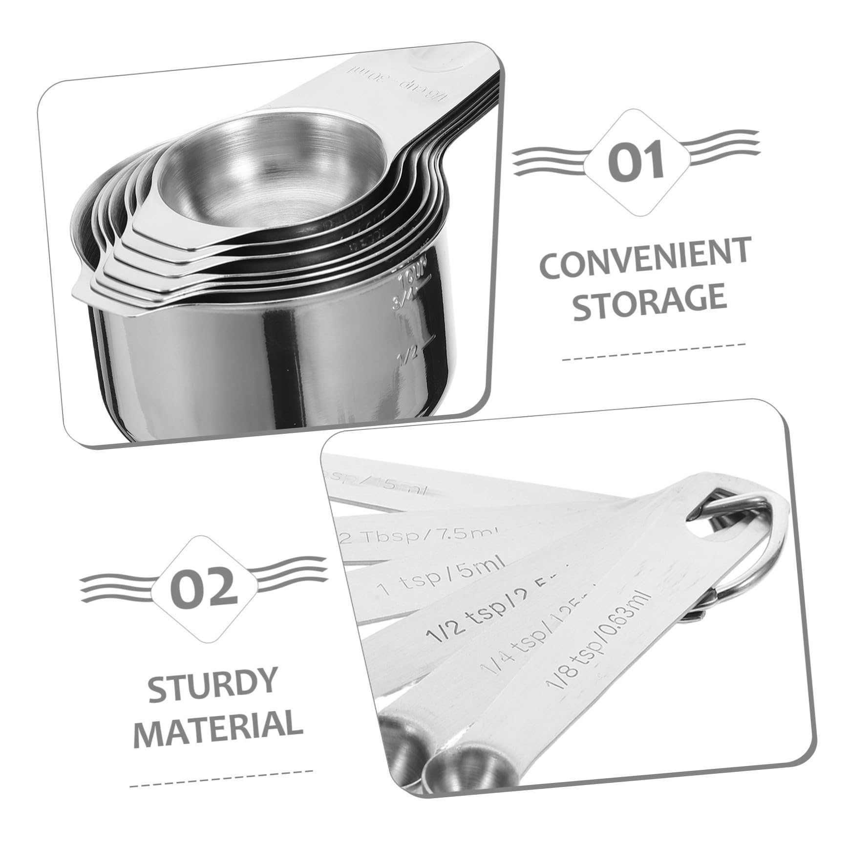 2 Sätze Edelstahl Messbecher und Messlöffel Set Robust Langlebig für Präzises Messen von Trockenen und Flüssigen Zutaten Komfortable Griffe Vielseitig für Backen Kochen