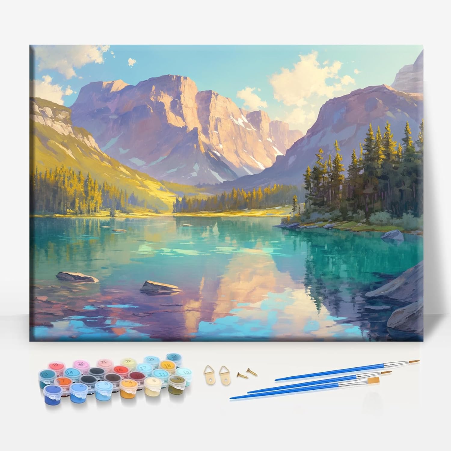 Aeontinity Avalanche Lake Montana Framed Canvas DIY Paint by Numbers Kit Bar Cafe Cave Home Room Wall Bathroom Porch Patio Decor Gift, 16 x 12 Inch