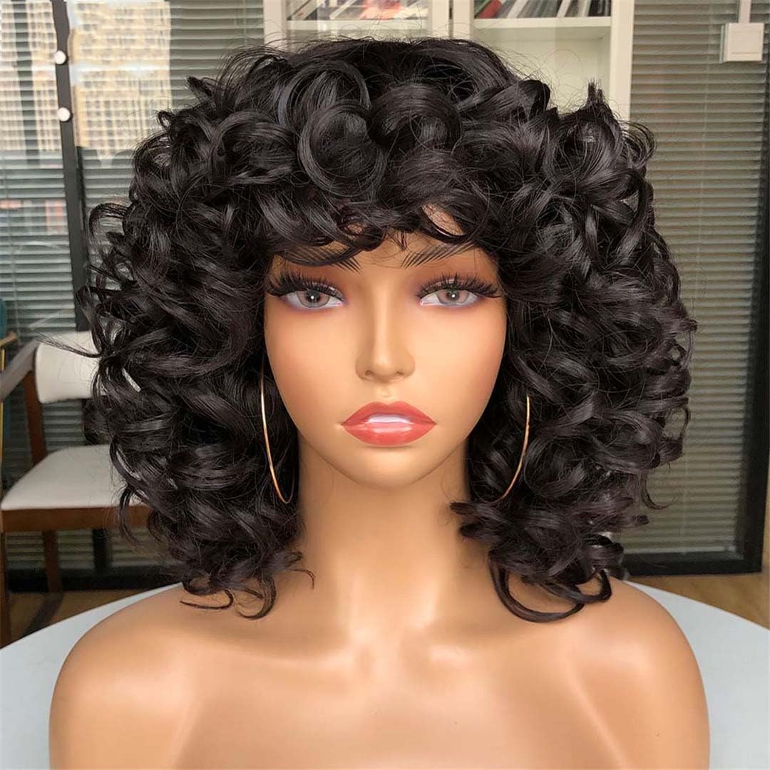 Wjnvfioo Short Hair Afro Curly Wig With Bangs For Black Women Cosplay Fluffy Glueless Mixed Brown Natural Wigs