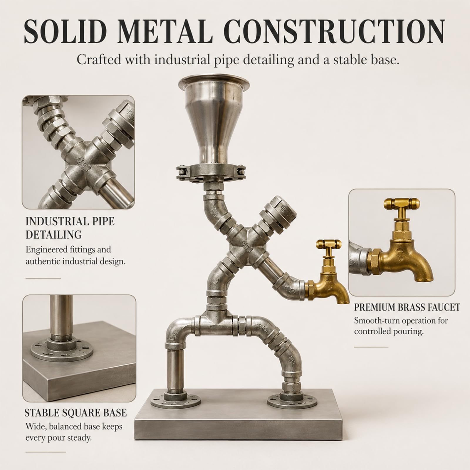 Dispensador de Bebidas Estilo Industrial de Tubo Metal y Latón | diseño industrial, grifo latón, base estable, estilo retro, idea regalo(silver)