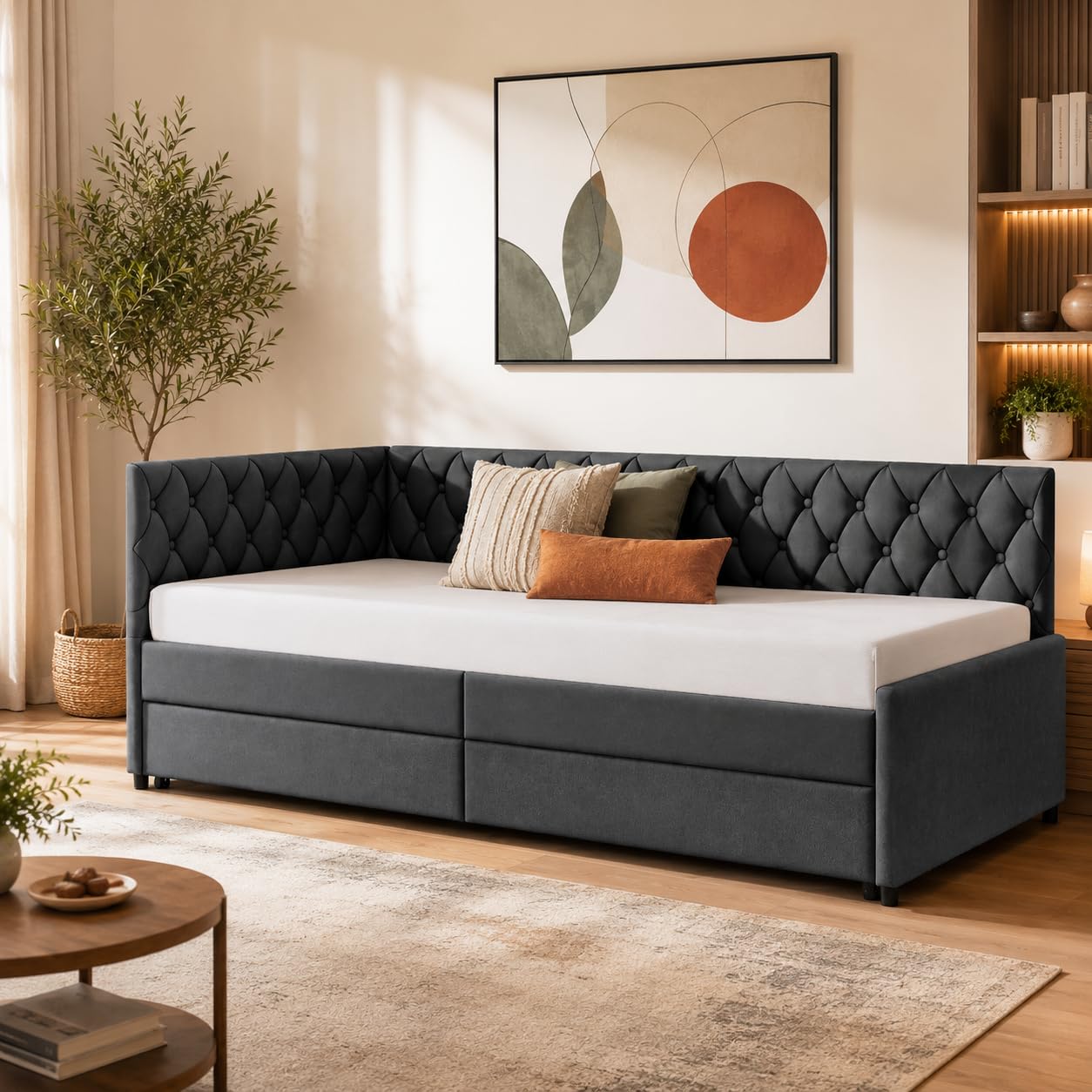 Multifunktionales Schlafsofa 90x200 cm, Ausziehbar 2-Sitzer-Sofa mit Schlaffunktion & Lattenrost, Daybett Tagesbett Schlafcouch ideal für Wohnzimmer und Gästezimmer, Ohne Matratze(Samt+Schwarz)