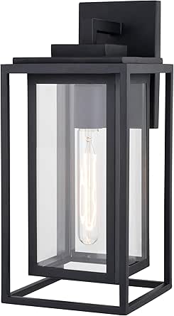 VAXCEL Filmore 16 in. H 1-Light Textured Black Transitional Outdoor Wall Sconce Made of Durable Metal, Clear Glass Shade, LED Compatible, Use for Exterior Porch Patio Front Door or Garage