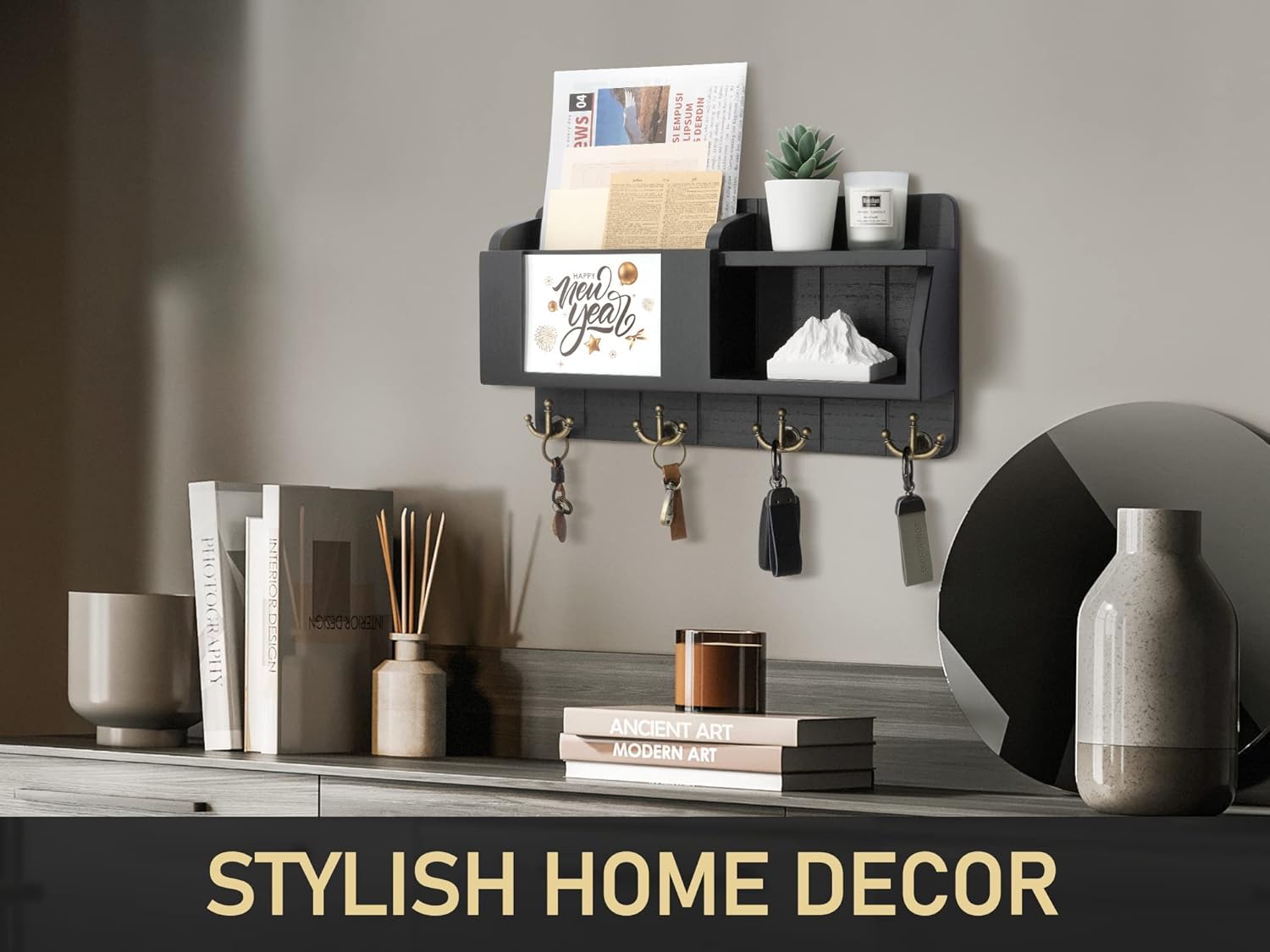 Rebee Vision Key Holder for Wall Set : 10" Key Rack with 5 Hooks & 16" Mail Organizer with Chalkboard and 4 Anchor Hooks for Home Apartment Entryway Decor - Black