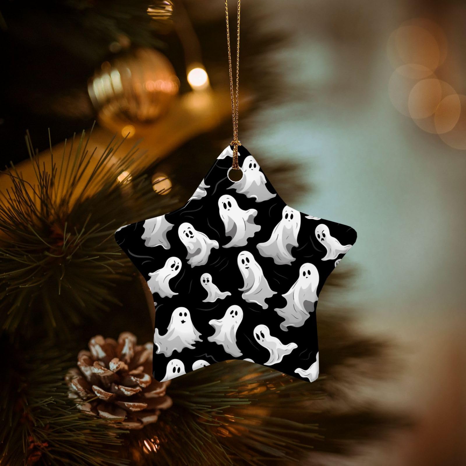 Christmas Ornaments for Christmas Tree Decoration Hanging Halloween Goth Ornament with Gold Ribbon Crafts Star Shape Ceramic Pendant for Keepsake Gifts Xmas Decor Party Supplies