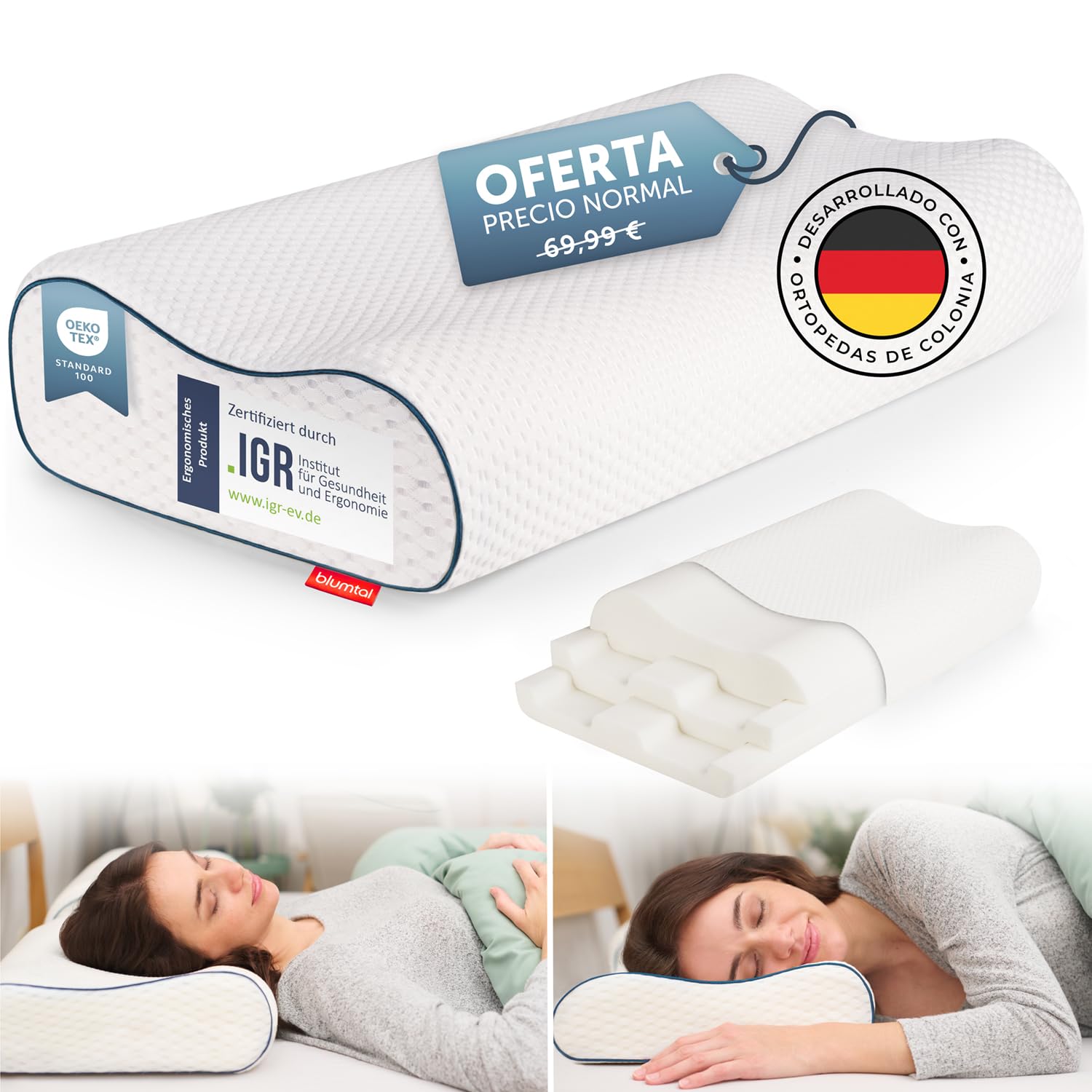Blumtal Almohada Cervical de Espuma viscoelástica – Almohada ortopédica con Funda Lavable, cojín para Dormir de Lado Regulable en Altura sin tumbonas Planas para Dormir de Lado, Espalda y Vientre
