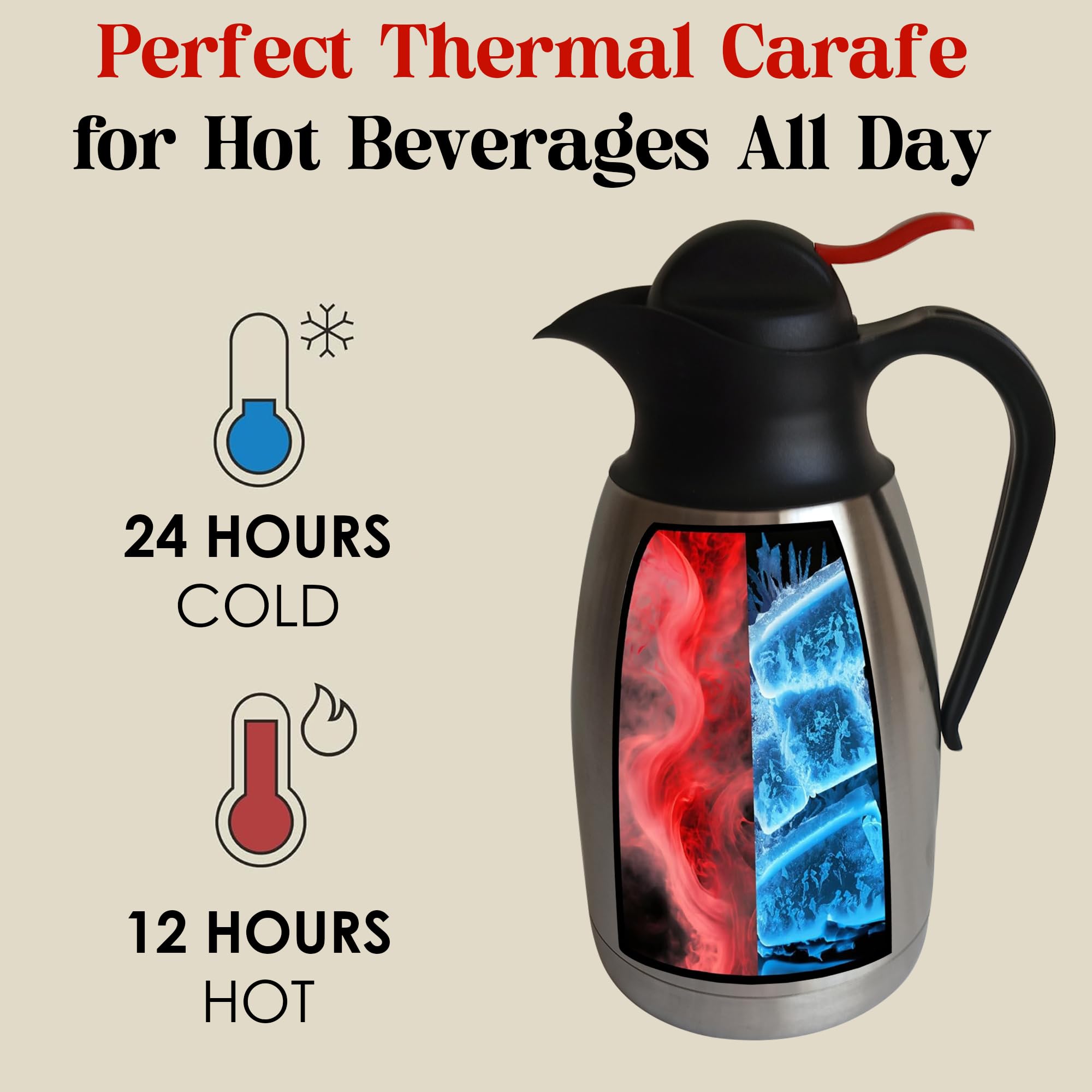 60oz / 1.8L Thermal Carafe – 12 Hour Hot Beverage Dispenser, Insulated Stainless Steel Carafe for Hot Liquids – Coffee Vacuum Flask, Hot Water Carafe, Hot Water Flask for Home, Office & Events