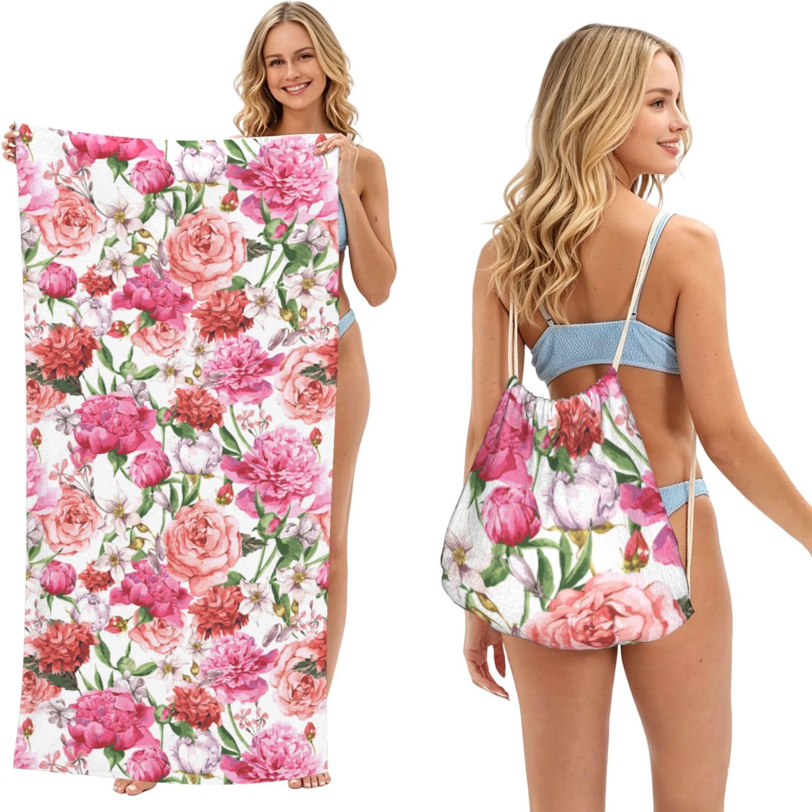 Poadnly Garden Peony, 2 in 1 Packable Towel Bag, Beach Towels with Drawstring Backpack for Travel Holiday Camping