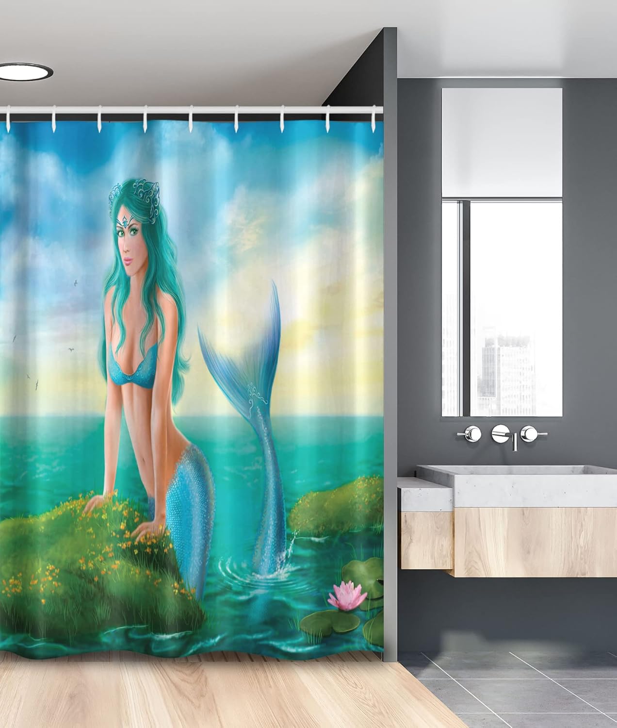 Ambesonne Underwater Stall Shower Curtain, Fantasy Young Woman Mermaid in Sea Waterlilies Wildflowers Sunrise Cloudy Print, Fabric Bathroom Decor Set with Hooks, 54" W x 78" L, Multicolor