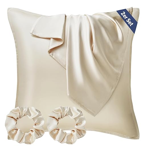 Seiwohl Satin Kissenbezug 80x80, 2er Set Satin Kopfkissenbezug Pillowcase Kissen Bezug Kissenhülle für Haar und Haut, ähnlich wie Seide, Beige, mit 2 Haargummis