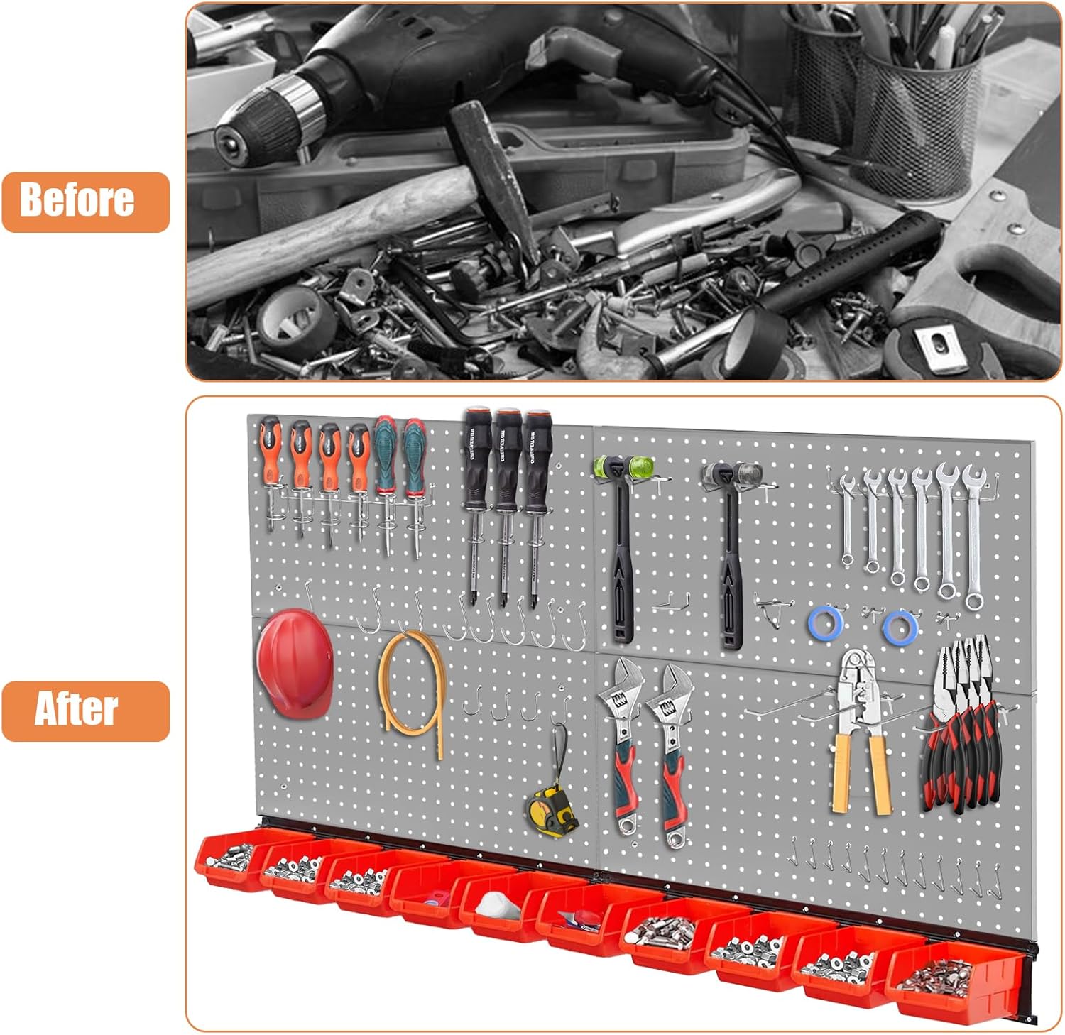 Peg Board Wall Organizer, Gray Metal Pegboard Organizer, 4 Metal Pegboard Panels(12"x24") with 55 Accessories, Wall Mount Large Peg Board Kit with Hooks, Bins for Home, Garage, Workbench