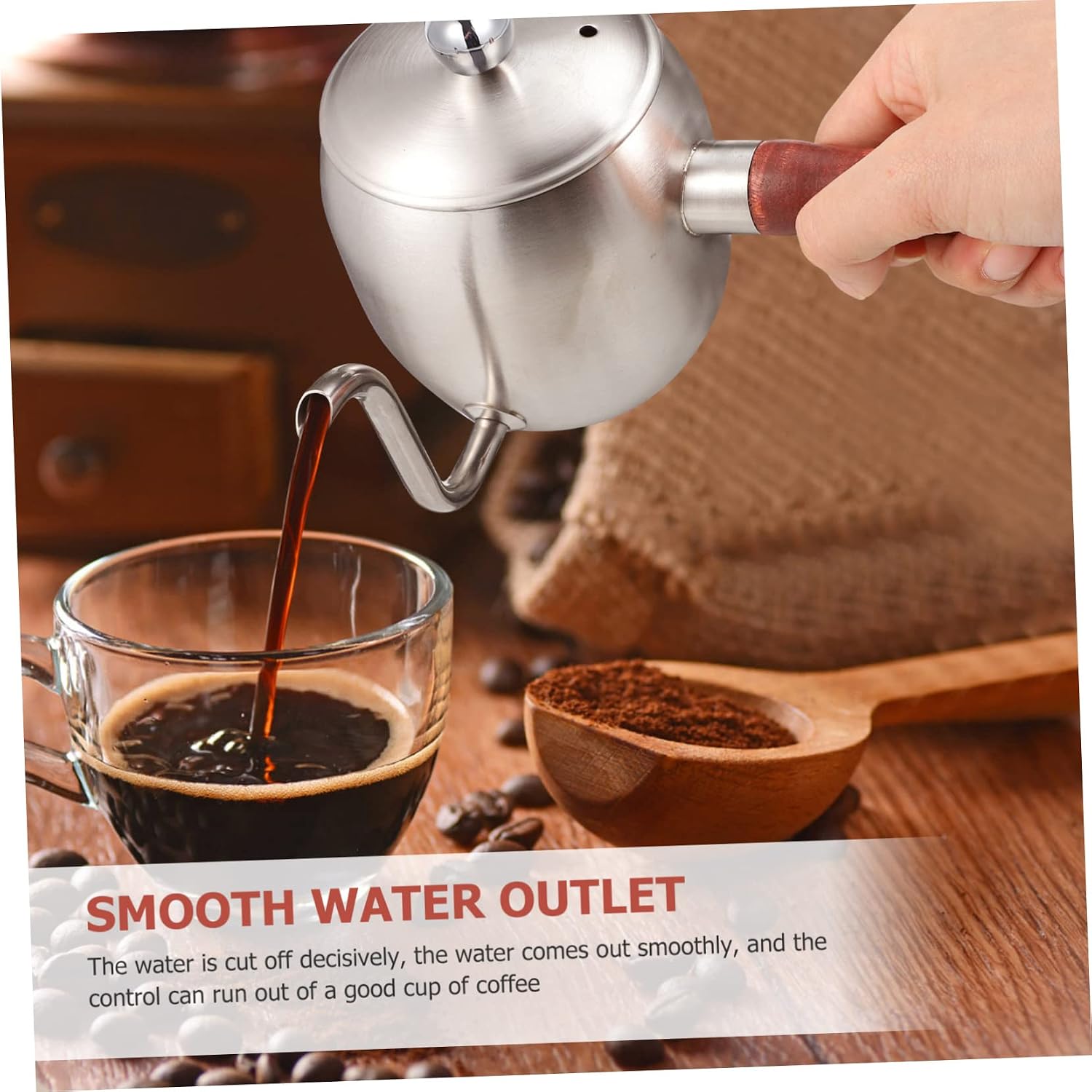 Stainless Steel Coffee Pot with Long Spout Ergonomic Wooden Handle Scald Lid Manual Pouring Kettle for Precise Brewing Heat Resistant and Easy to Clean
