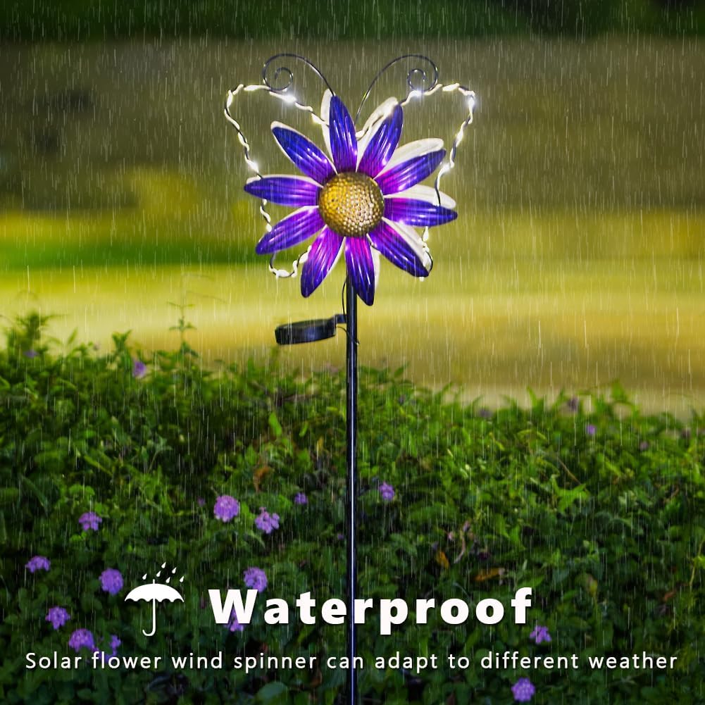 Solar Wind Spinners Outdoor,Butterfly Garden Windmill Metal Flower Wind Sculptures for Yard Art Lawn Decor(Purple)