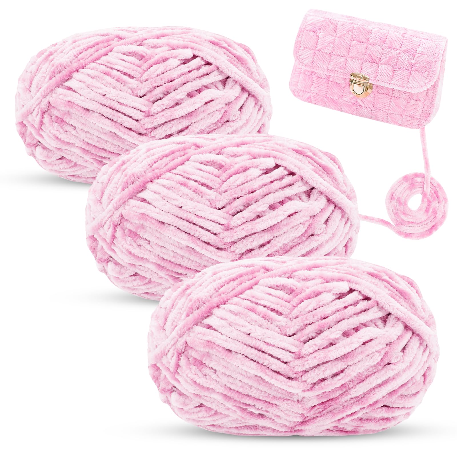LEREATI Chunky Chenille Yarn for Crochet 3x100g 3x80m Fluffy Velvet Yarn for Crocheting and Knitting, Soft Knitting Yarn for Blankets, Bag, T Shirt, Sock, Hat, Scarf (3 Skeins, Light Pink)