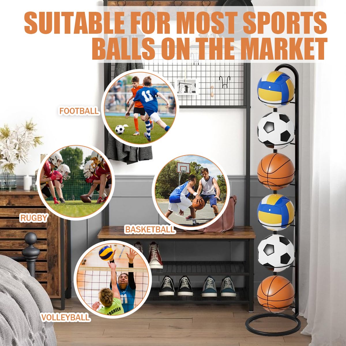 Support Ballon Foot à 6 Niveaux, Rangement Ballon Vertical, Support Ballon Basket en Métal, Porte Ballon Amovible pour Football, Basketball, Volley-Ball et Rugby