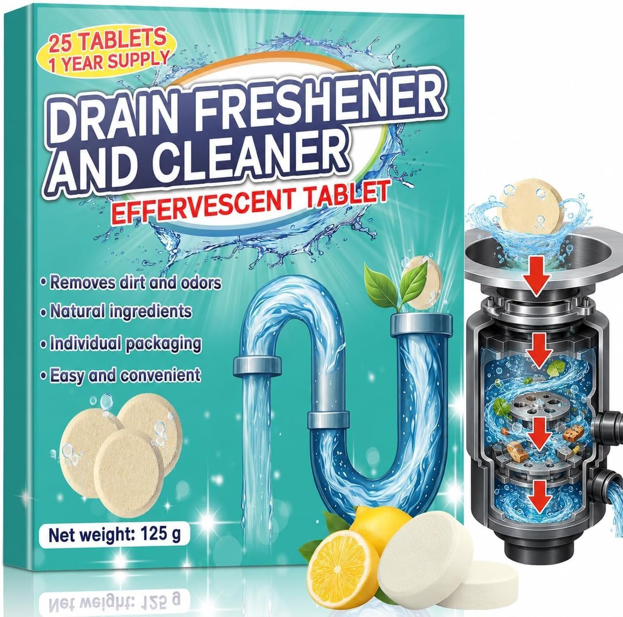 Garbage Disposal Cleaner Tablets, 25 Pack Disposal Deodorizer and Drain Cleaner Tablets, Kitchen Sink Cleaner, Garbage Disposal Freshener, Removes Odor, For House, Kitchen, Bathroom Drain Care