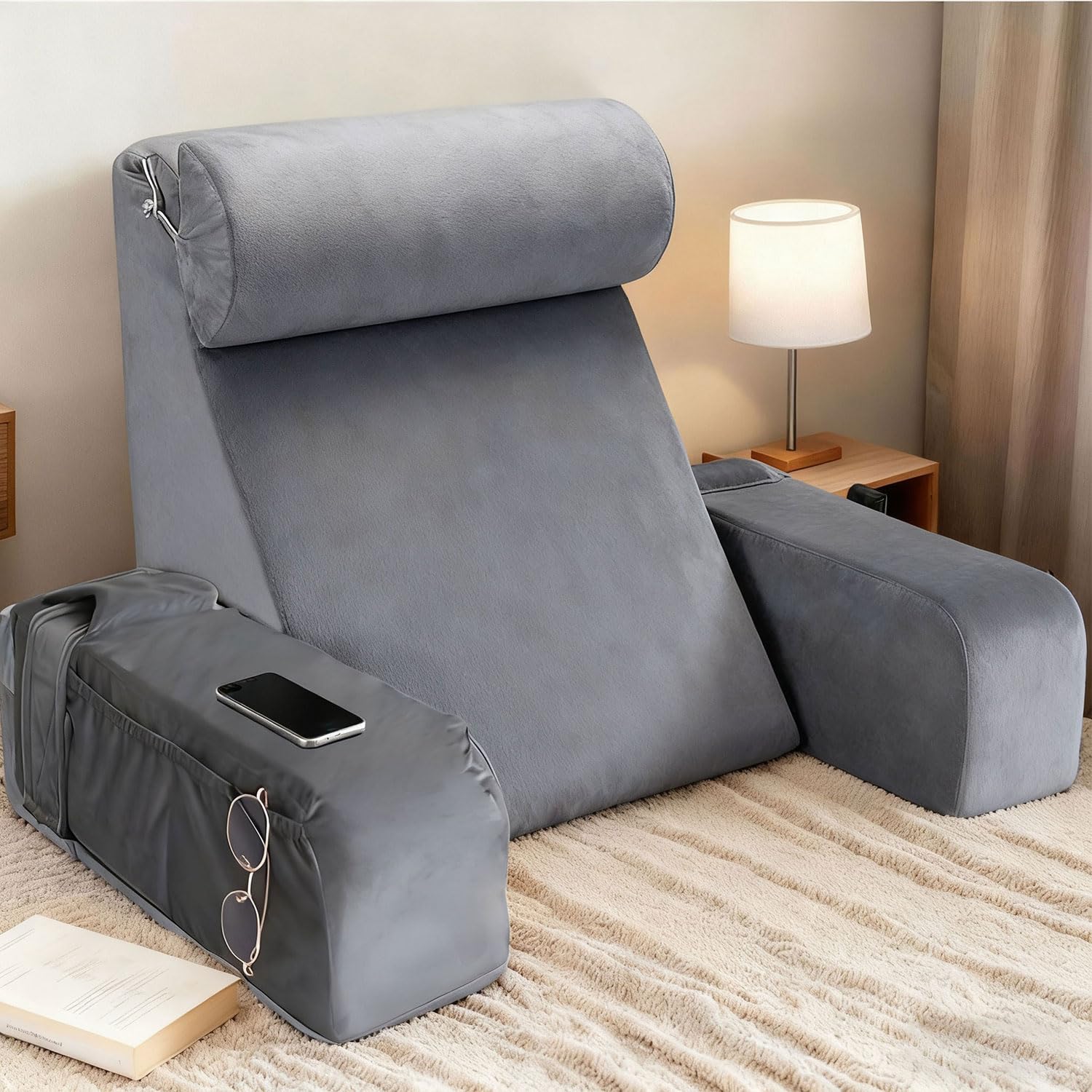 Almohada Lectura Cama, Cojín con Respaldo Apoyo Lumbar, con Soporte para Brazos y Bolsillos, Grande Cojín para la Espalda, Cojin Respaldo para Trabajar, Leer o Jugar en la Cama Sofá Suelo (GR)