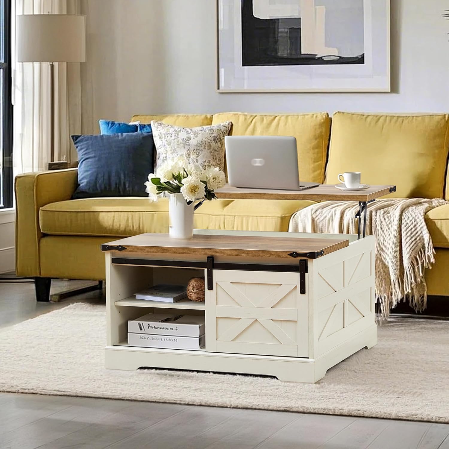 Farmhouse Lift Top Coffee Table with Hidden Storage Square Coffee Table Sliding Barn Door and Adjustable Shelf Rustic Wood Center Table for Living Room, Rustic White